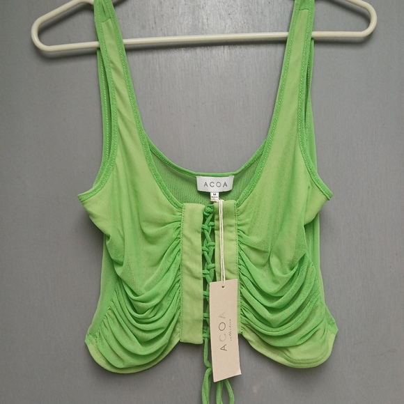 ACOA Urban Outfitters Ruched Lace-Up Sheer Mesh Green Women's Tank Top - Picture 1 of 5